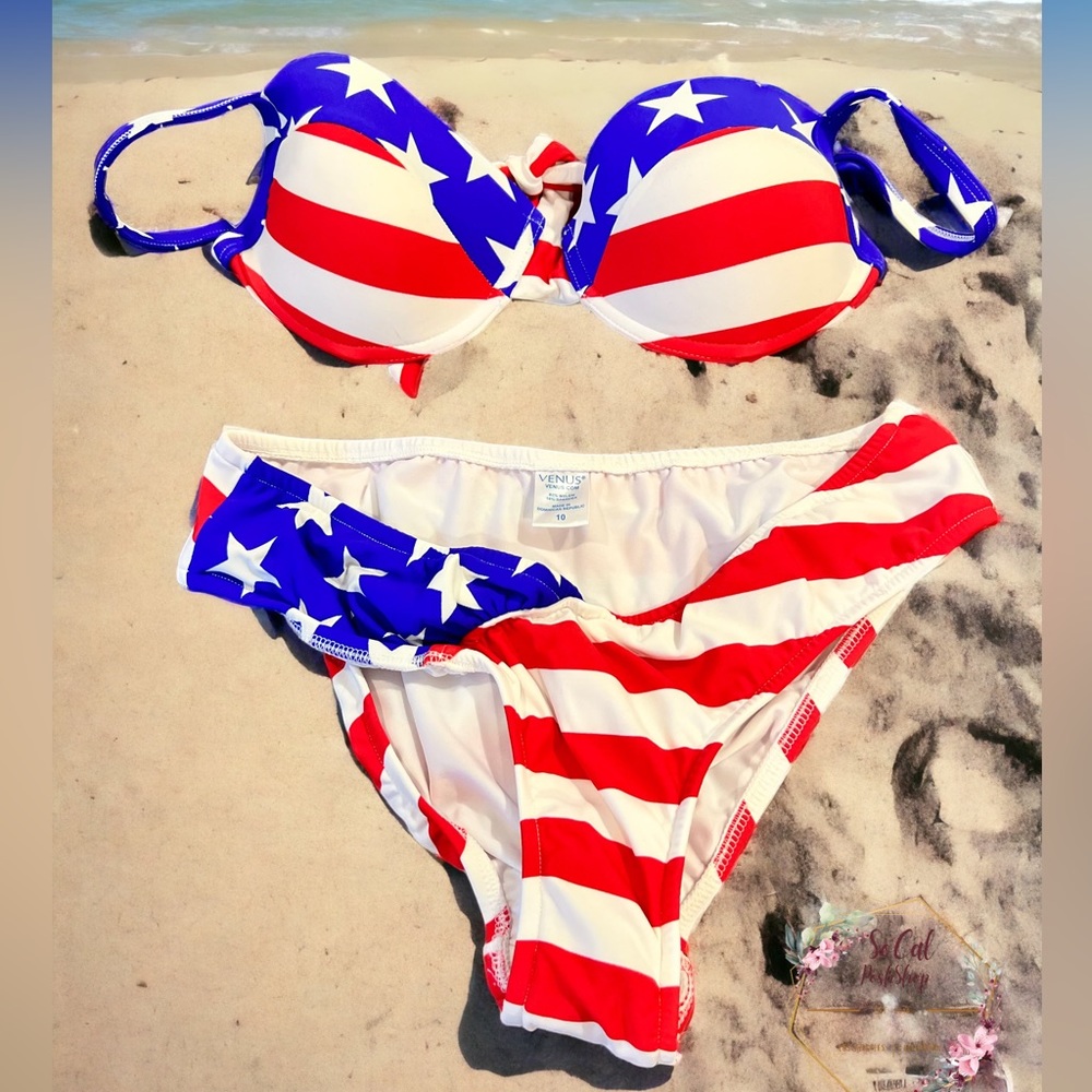 👙NEW🇺🇸 VENUS Swim Bathing Suit Swimsuit Bikini Stars Stripes US Flag 10 C Cup
